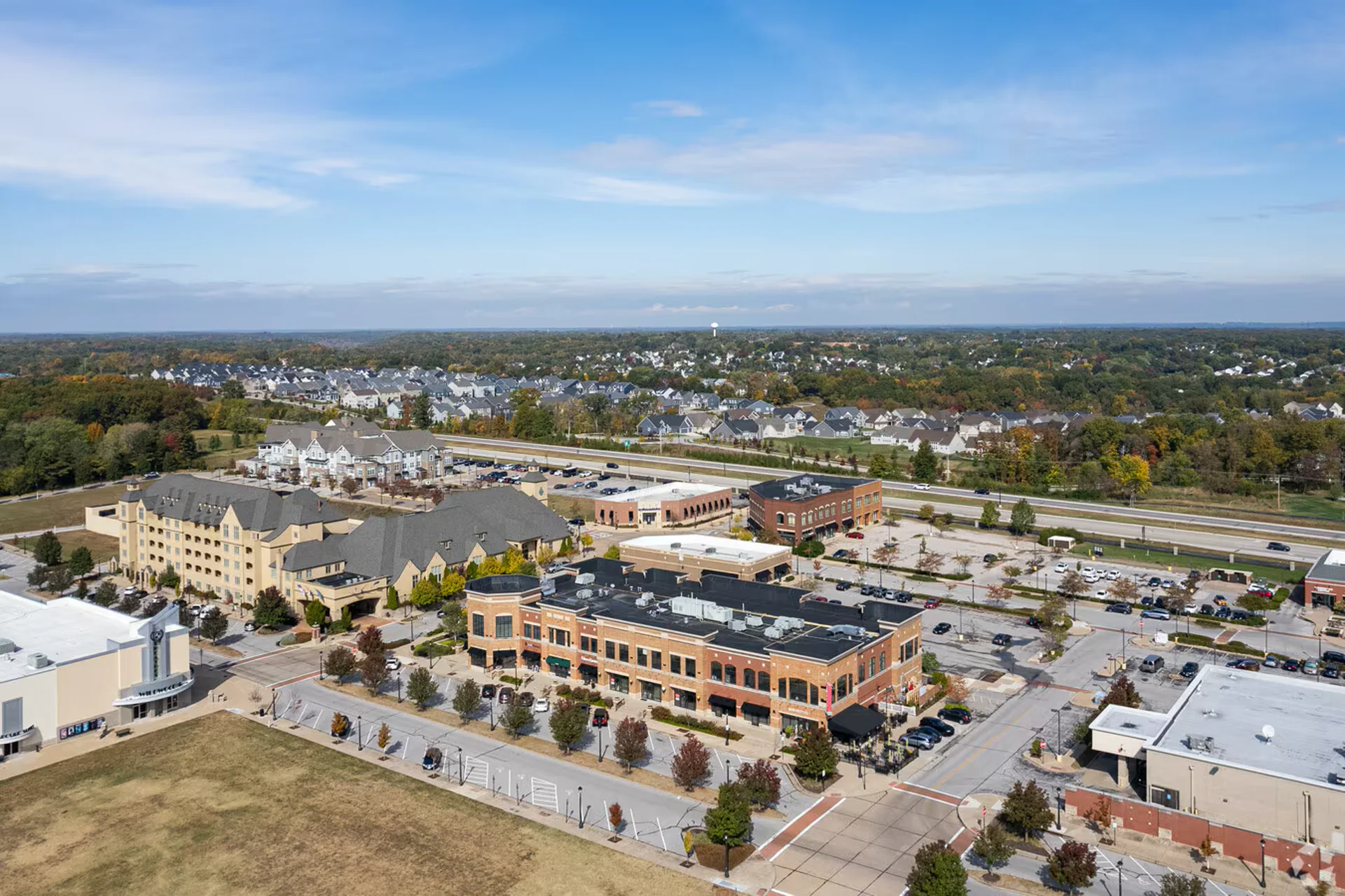 Aerial view of Wildwood, MO showing the Town Center, mixed-use district, and surrounding green space