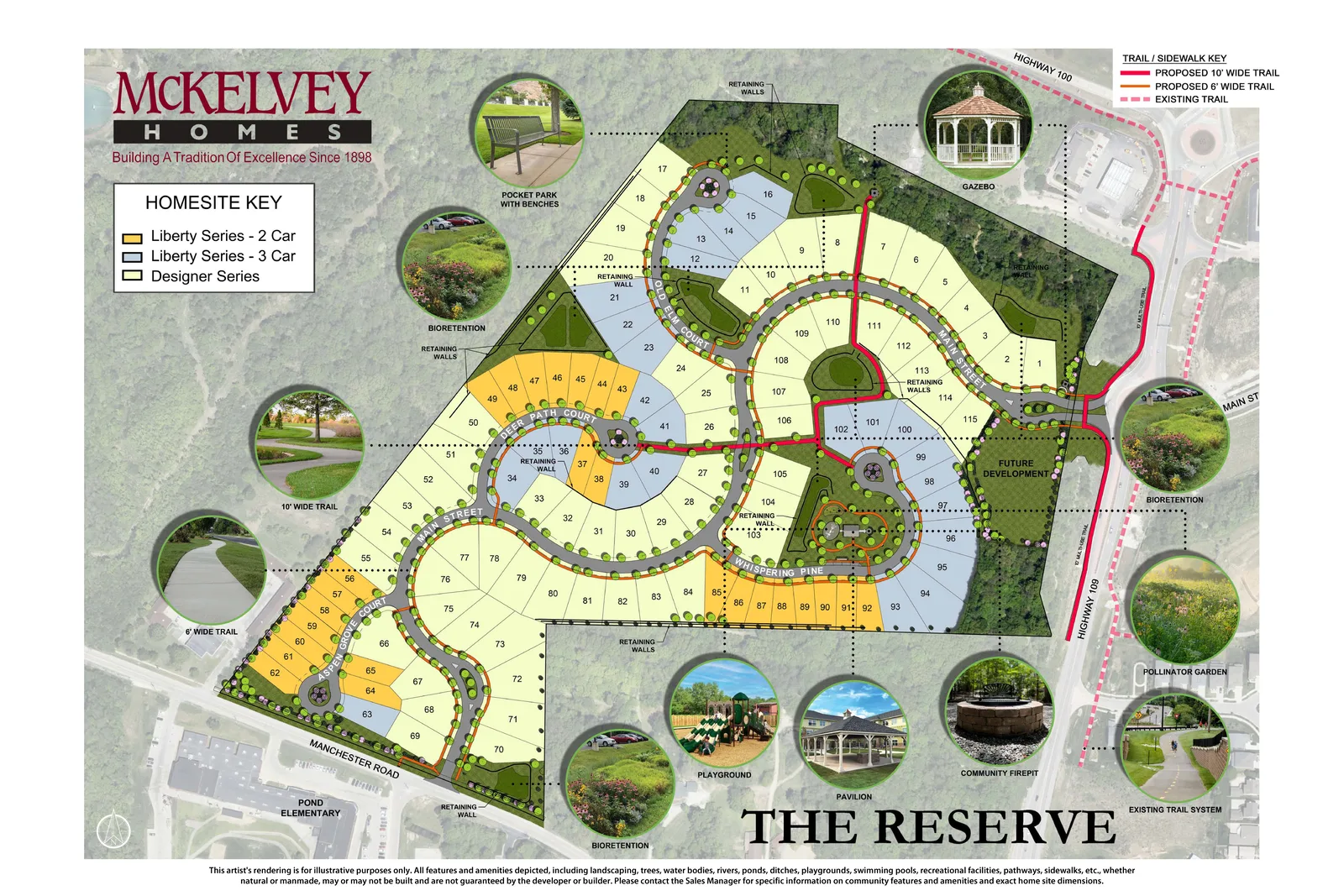 The Reserve at Wildwood site plan: 115 numbered homesites color-coded by Liberty 2-Car, Liberty 3-Car, and Designer series, with marked walking trails, pocket park, gazebo, playground, pavilion, community firepit, pollinator garden, and bioretention areas, set between Highway 100 to the north, Highway 109 to the east, Manchester Road to the south, and Main Street.